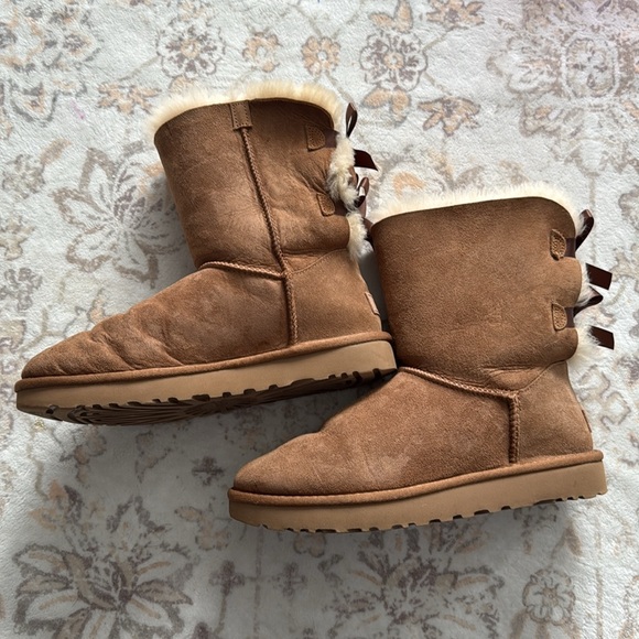 UGG Bailey Bow Boots Brown Women’s Size 9 Faux Fur Lined Chestnut Double Bow - Picture 6 of 16